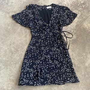 Rebecca Vallance Womens Size 4 Flores Printed Wrap Mini Dress Blue Ruffle Neck